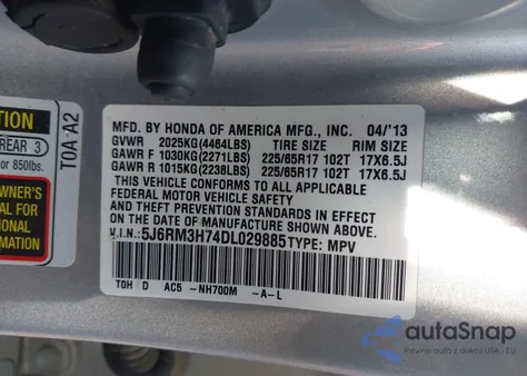 2013 Honda Cr-V Ex-L from USA, damaged, VIN 5J6RM3H74DL029885